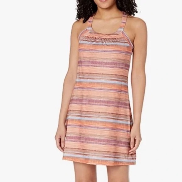 PrAna Cantine Halter Dress Orange Blue Strip Women’s Size M Active Mini Dress - Picture 2 of 15